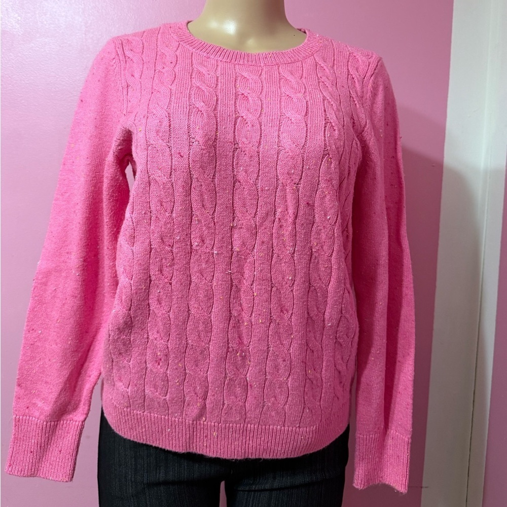 Talbots Pullover Sweater Petite M Bubblegum Pink Cable Knit Preppy